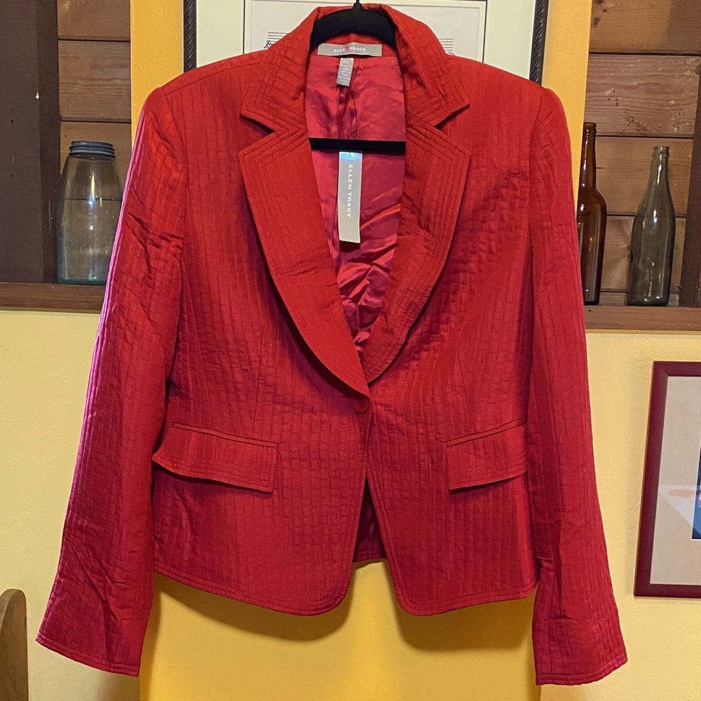 Ellen Tracy Red Textured Silk/Wool Blazer
